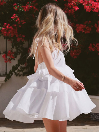 サマードレス ミニドレス ホワイト ストラップ ネック フリル コットン ビーチドレス