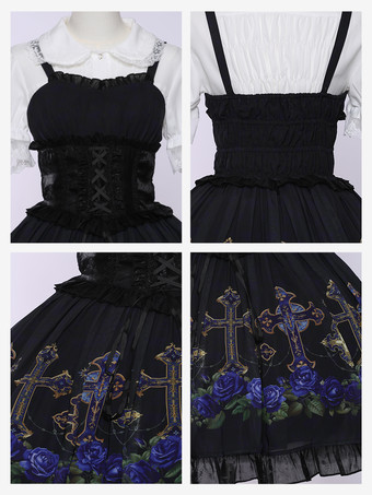 ゴシック ロリータ ドレス フリル レースアップ 花柄 ブラック ブラック