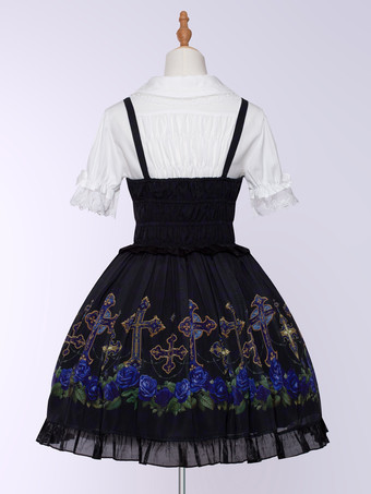 ゴシック ロリータ ドレス フリル レースアップ 花柄 ブラック ブラック