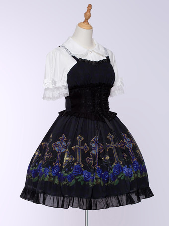 ゴシック ロリータ ドレス フリル レースアップ 花柄 ブラック ブラック