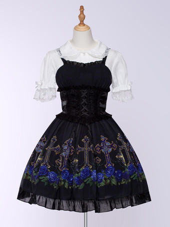 ゴシック ロリータ ドレス フリル レースアップ 花柄 ブラック ブラック