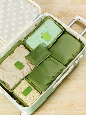 グリーン 旅行用オーガナイザー ガーメントバッグ 収納スーツケースセット