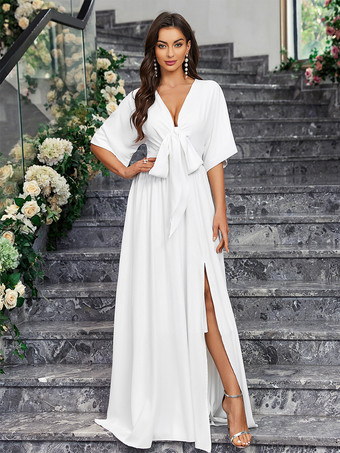 パーティードレス ホワイト Vネック ノット付き ハーフスリーブ ハイスリット セミフォーマルドレス