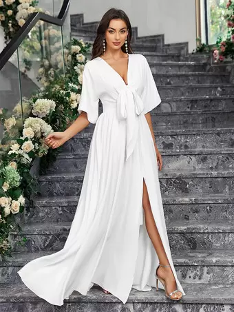 Party Dresses White V-Neck Knotted Half Sleeves High-slit Semi Formal Dress  - Milanoo.com