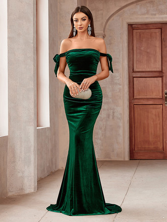 パーティードレス ダークグリーン バトーネック ノースリーブ オープンショルダー セミフォーマルドレス