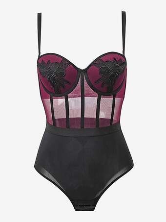 ワインレッド テディランジェリー レトロ刺繍サスペンダー 透明レースボディスーツ