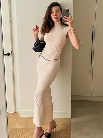 Bodycon Dresses Apricot High Collar Elegant Sleeveless Pencil Dress