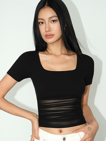 半袖Tシャツ ブラック ジュエルネック ポリエステル Tシャツ レディース