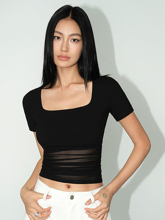 半袖Tシャツ ブラック ジュエルネック ポリエステル Tシャツ レディース