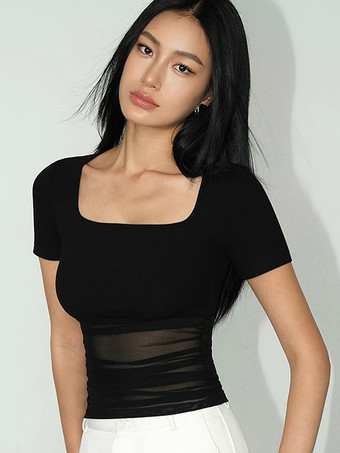 半袖Tシャツ ブラック ジュエルネック ポリエステル Tシャツ レディース