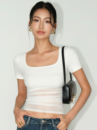 半袖Tシャツ ブラック ジュエルネック ポリエステル Tシャツ レディース