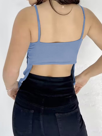 ベビーブルーのキャミソールトップ、ストラップネック、レースアップ、セクシーなイレギュラーポリエステルキャミソール、レディース