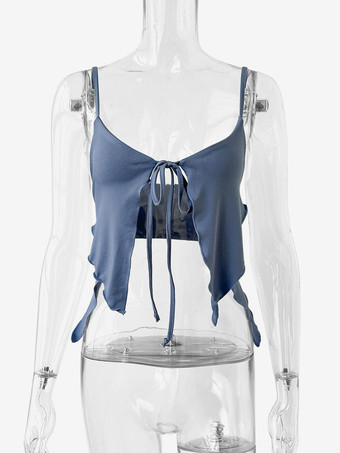 ベビーブルーのキャミソールトップ、ストラップネック、レースアップ、セクシーなイレギュラーポリエステルキャミソール、レディース