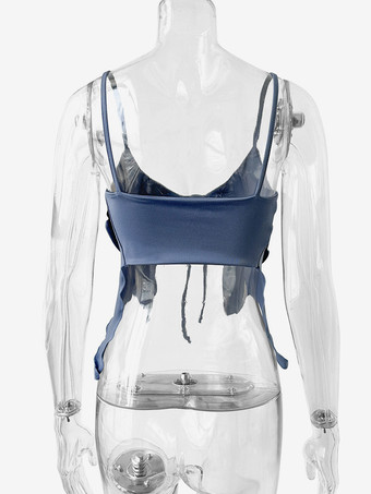 ベビーブルーのキャミソールトップ、ストラップネック、レースアップ、セクシーなイレギュラーポリエステルキャミソール、レディース