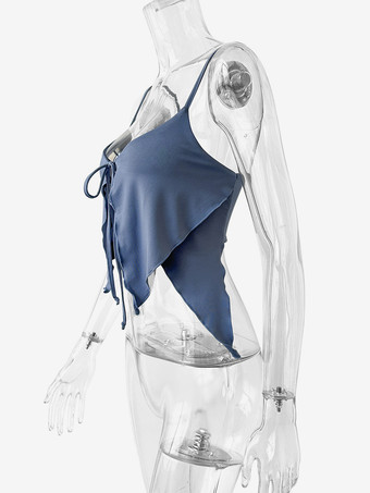 ベビーブルーのキャミソールトップ、ストラップネック、レースアップ、セクシーなイレギュラーポリエステルキャミソール、レディース