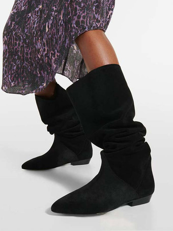 レディース スエード スラウチブーツ ラウンドトゥ フラット ミッドクラフブーツ