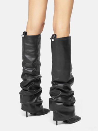 レディース スラウチブーツ ハイヒール スクエアトゥ フォールドオーバー ニーハイブーツ