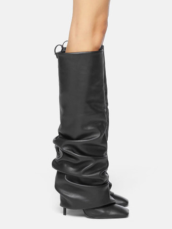 レディース スラウチブーツ ハイヒール スクエアトゥ フォールドオーバー ニーハイブーツ