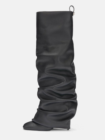 PUブラックレディース スラウチブーツ ハイヒール スクエアトゥ フォールドオーバー ニーハイブーツ