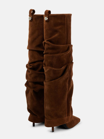 レディース スラウチブーツ ハイヒール スクエアトゥ フォールドオーバー ニーハイブーツ