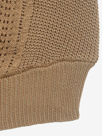 レディース プルオーバー セーター カーキ カットアウト ジュエルネック 長袖 アクリル セーター