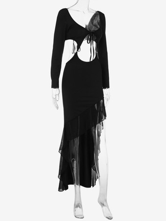 クラブドレス レディース Vネック セクシー フリル 長袖 ポリエステル バックレス レッド セクシードレス