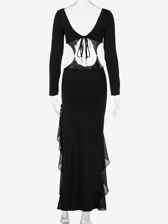 クラブドレス レディース Vネック セクシー フリル 長袖 ポリエステル バックレス レッド セクシードレス