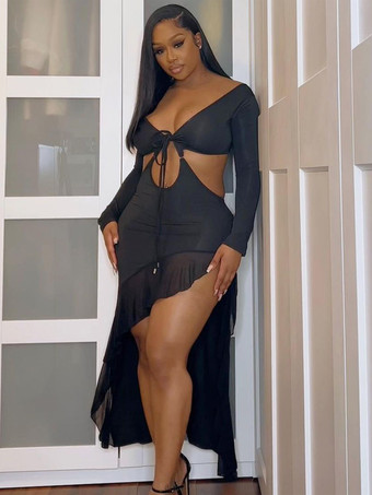 ブラック クラブドレス レディース Vネック セクシー フリル 長袖 ポリエステル バックレス レッド セクシードレス