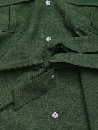 シャツドレス ハンターグリーン ターンダウンカラー サッシュ 長袖 ポリエステル ミディドレス ドレス