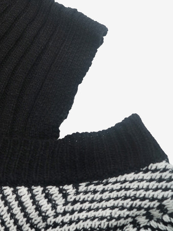 レディース プルオーバー ブラック カラーブロック ジュエルネック 長袖 オープンショルダー アクリルセーター