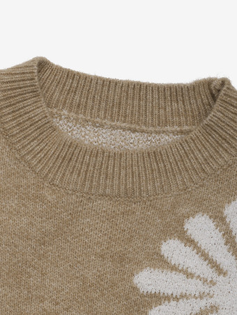 レディース プルオーバー セーター キャメル 花柄 ジュエルネック 長袖 アクリル セーター