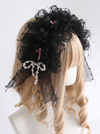ブラック スイートロリータアクセサリー ブラックパール リボン フリル 帽子 その他