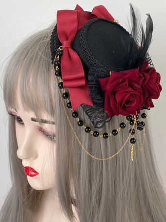 ゴシックロリータ帽子チェーンパールアクセサリーポリエステルバーガンディロリータアクセサリー