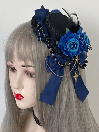 ダークネイビーゴシックロリータ帽子チェーンパールアクセサリーポリエステルバーガンディロリータアクセサリー