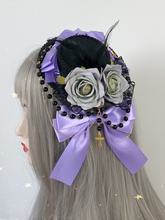 パープル ゴシックロリータ帽子チェーンパールアクセサリーポリエステルバーガンディロリータアクセサリー