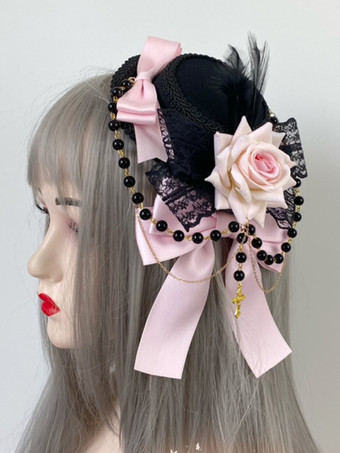ピンクゴシックロリータ帽子チェーンパールアクセサリーポリエステルバーガンディロリータアクセサリー