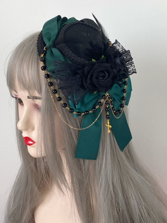 ダークグリーンゴシックロリータ帽子チェーンパールアクセサリーポリエステルバーガンディロリータアクセサリー