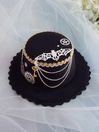 ブラックシルバーゴシックロリータ帽子チェーンフリルアクセサリーポリエステルホワイトロリータアクセサリー