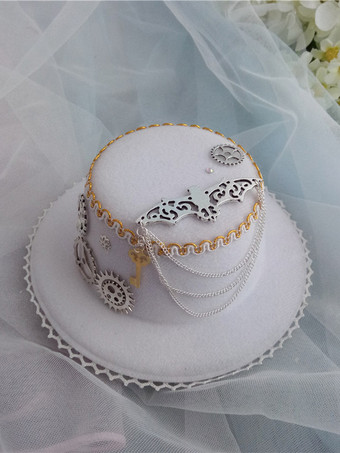 ホワイト ゴシックロリータ帽子チェーンフリルアクセサリーポリエステルホワイトロリータアクセサリー