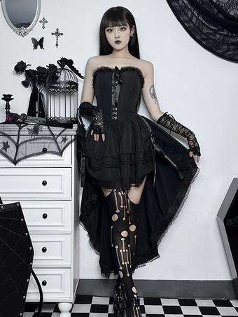 Gothic Lolita Kleider Spitze Rüschen Schwarz Schwarz