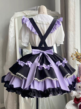Jupes gothiques Lolita SK à volants et lacets violets bloc de couleur