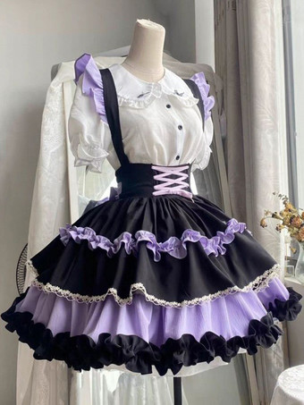 Jupes gothiques Lolita SK à volants et lacets violets bloc de couleur
