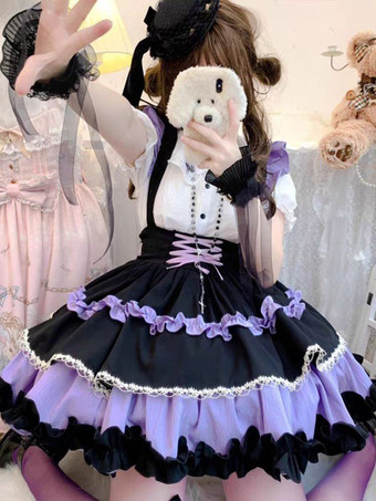 Jupes gothiques Lolita SK à volants et lacets violets bloc de couleur