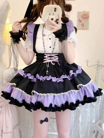violet Jupes gothiques Lolita SK à volants et lacets violets bloc de couleur