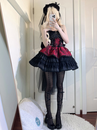 ゴシック ロリータ ドレス レース リボン ジャカード ピンク バーガンディ