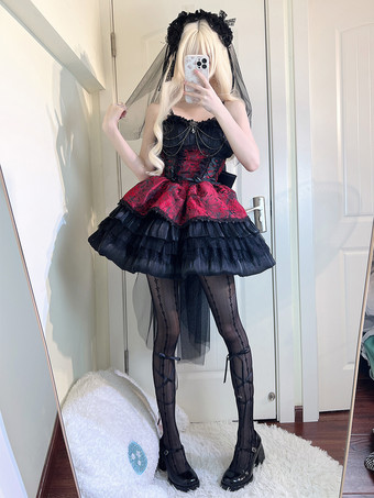 ワインレッド ゴシック ロリータ ドレス レース リボン ジャカード ピンク バーガンディ