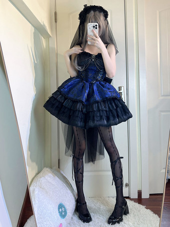 ブルー ゴシック ロリータ ドレス レース リボン ジャカード ピンク バーガンディ