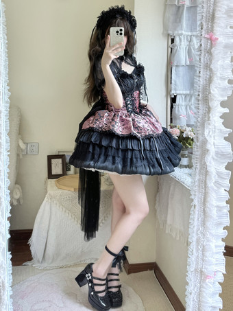 ゴシック ロリータ ドレス レース リボン ジャカード ピンク バーガンディ