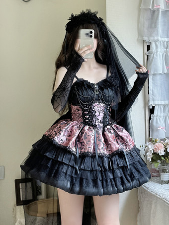 ゴシック ロリータ ドレス レース リボン ジャカード ピンク バーガンディ