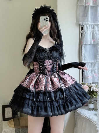 Abiti Gothic Lolita Fiocchi di pizzo Jacquard Rosa Borgogna